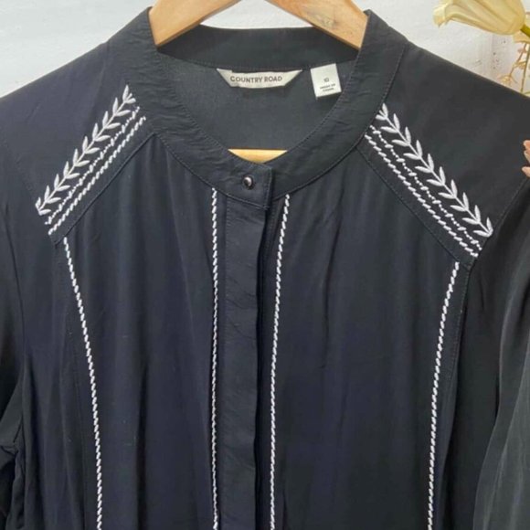 COUNTRY ROAD Embroidered Black Long Sleeve Shirt Dress - Picture 12 of 16